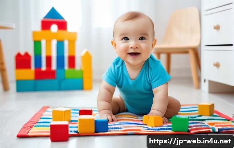 웹디자인 기초 이론 - **Prompt:** A cute baby happily playing with colorful building blocks on a soft, patterned playmat. ...
