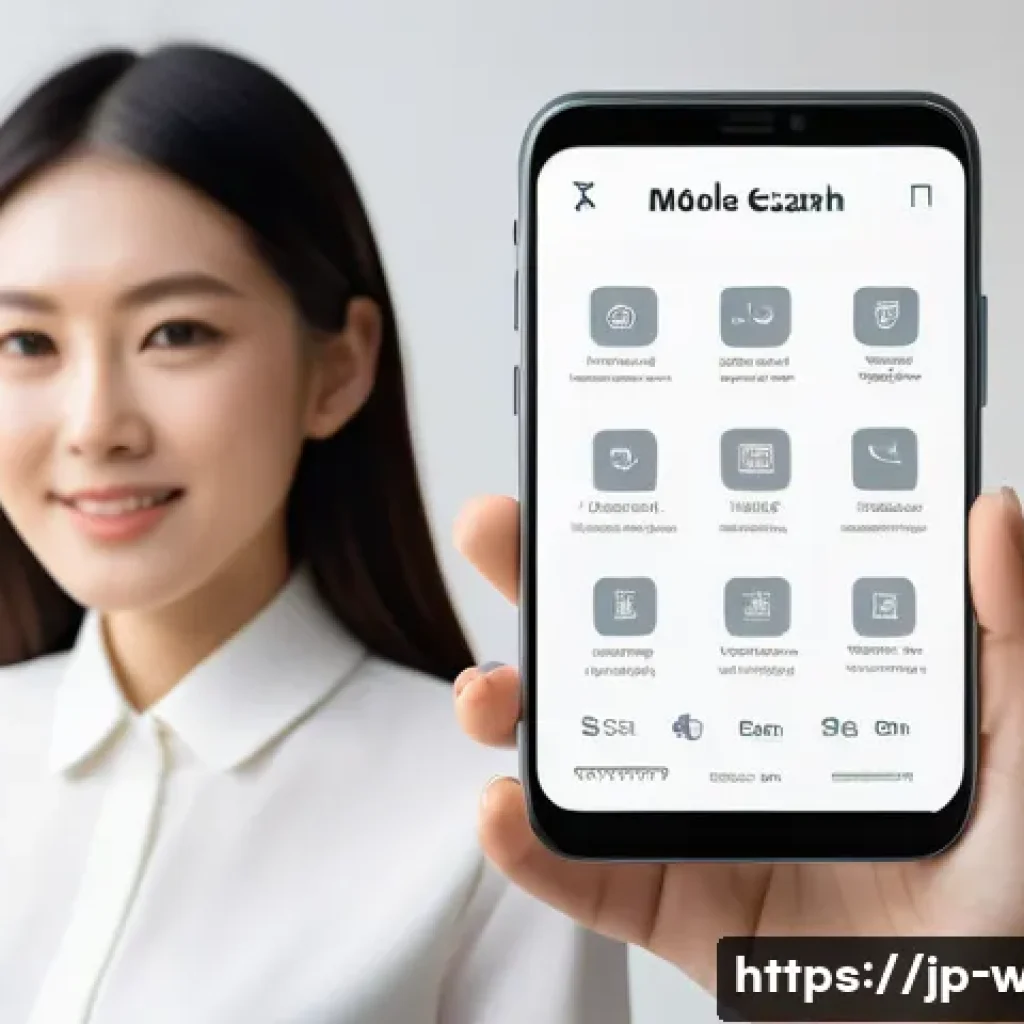 웹디자인 업계 동향 리포트 - A sleek, modern mobile-first website interface displayed on a smartphone held by a young Japanese pr...