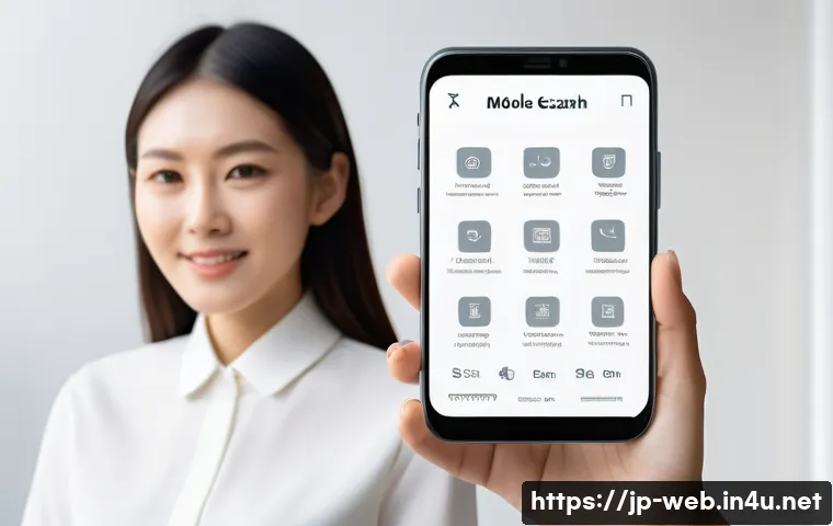 웹디자인 업계 동향 리포트 - A sleek, modern mobile-first website interface displayed on a smartphone held by a young Japanese pr...