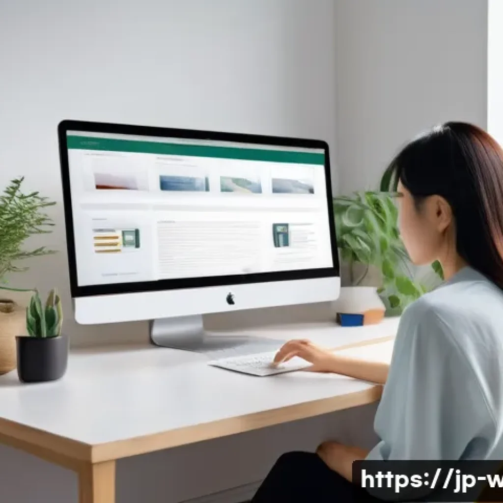 웹디자인 기초 프로그램 추천 - A cozy modern workspace with a young Japanese woman sitting at a desk using an intuitive web design ...