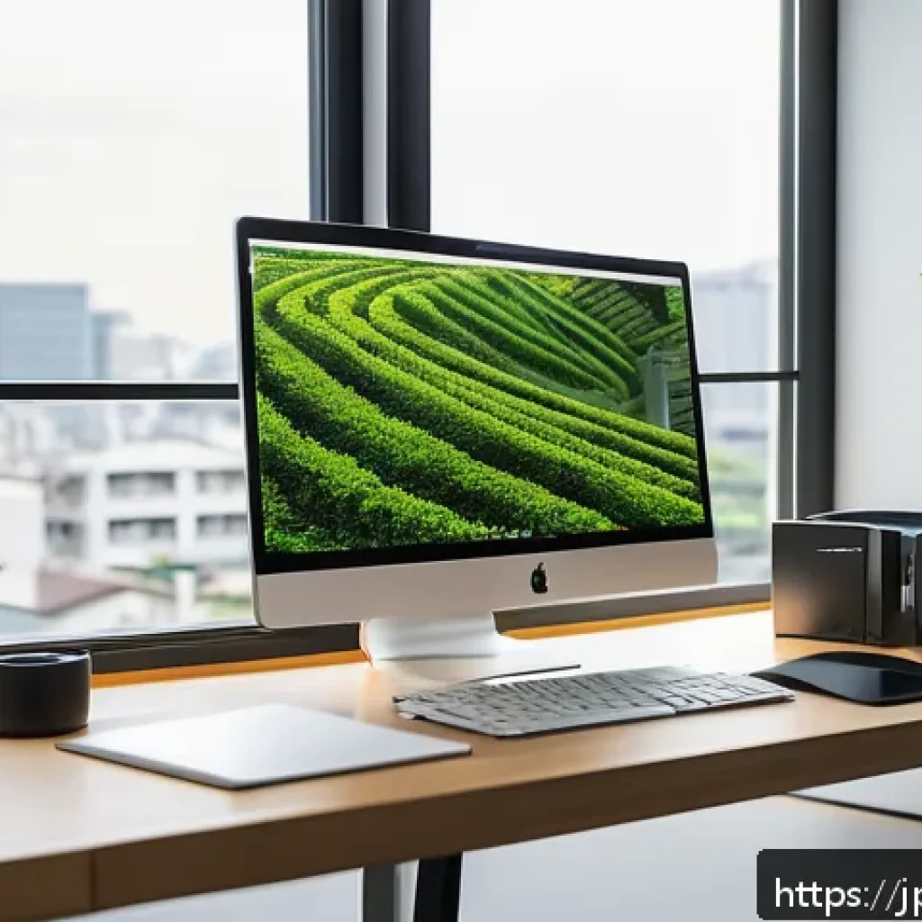 웹디자인 테스트 환경 설정법 - A modern home office setup for a Japanese developer, featuring a sleek desk with a laptop running Vi...
