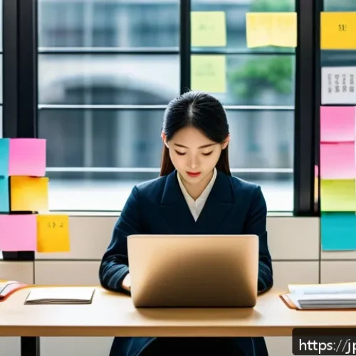 웹디자인 업무 일지 작성법 - A modern Japanese office scene with a young professional woman writing a detailed daily work report ...
