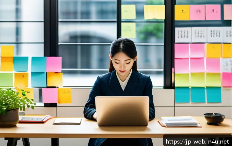 웹디자인 업무 일지 작성법 - A modern Japanese office scene with a young professional woman writing a detailed daily work report ...