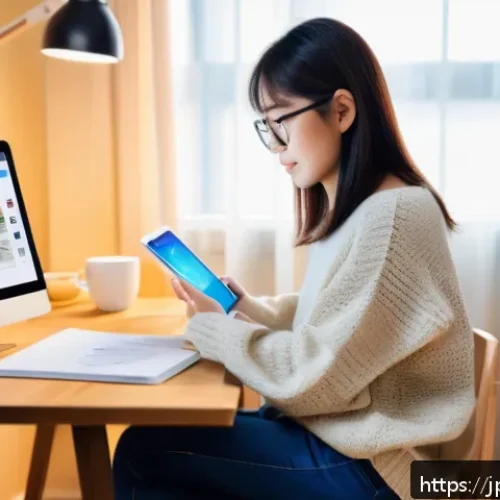 웹디자인 자격증 추천 교재 - A cozy workspace featuring a Japanese freelancer woman using a tablet to watch a web design tutorial...