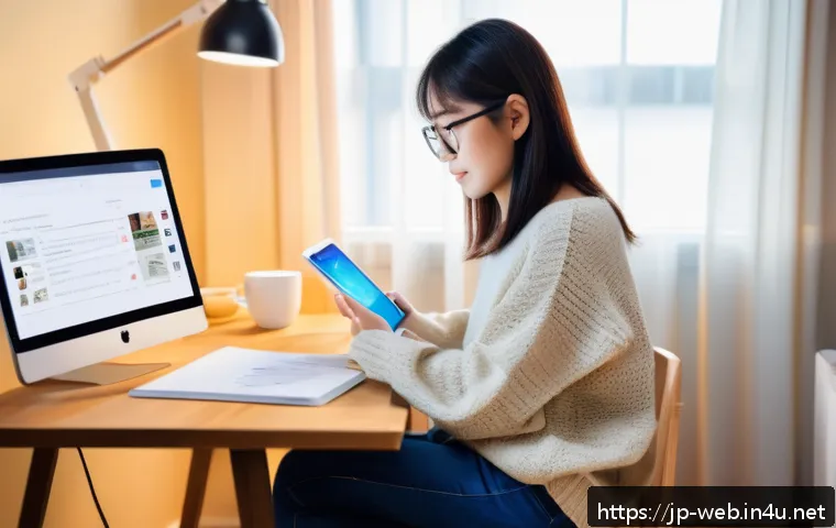 웹디자인 자격증 추천 교재 - A cozy workspace featuring a Japanese freelancer woman using a tablet to watch a web design tutorial...