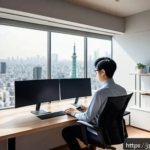웹디자인 단가 산정 방법 - A modern Japanese web designer in a bright, minimalist home office, surrounded by multiple monitors ...