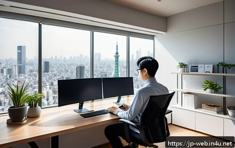 웹디자인 단가 산정 방법 - A modern Japanese web designer in a bright, minimalist home office, surrounded by multiple monitors ...
